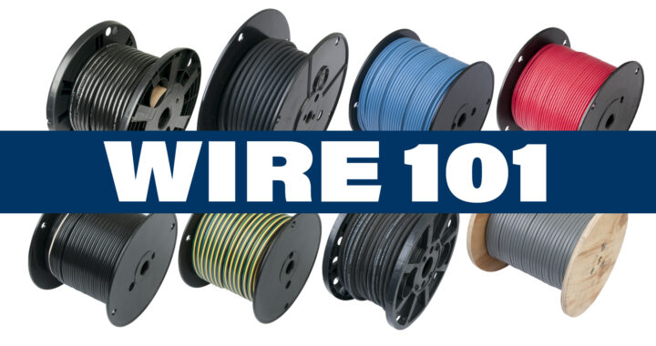 Various types of wire on a spool with a text overlay