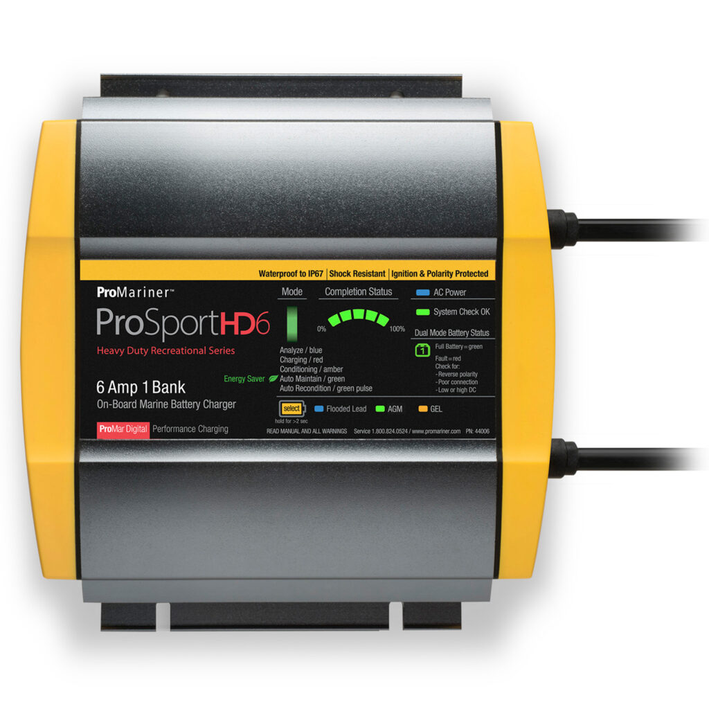 ProMariner Prosport HD charger shown with indicator lights for lithium batteries