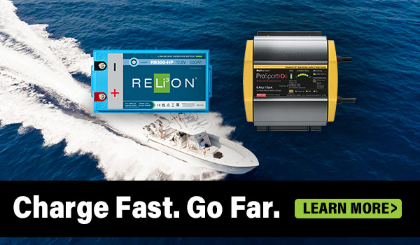 RELiON lithium battery next to a prosport charger with a boat in the background
